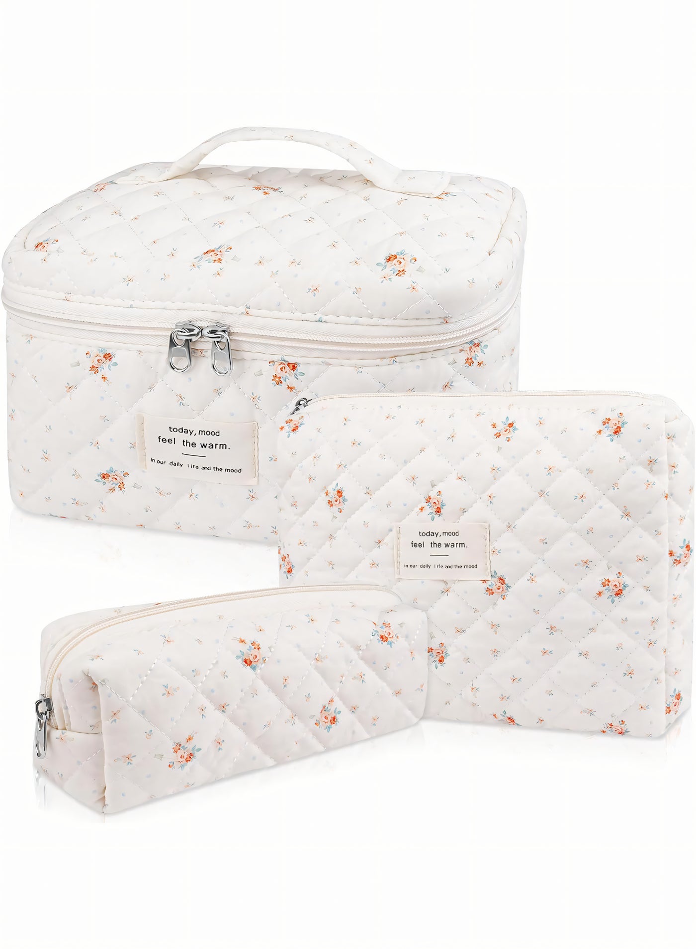 Cosmetic Bag, 3-Piece Cotton Quilted Makeup Bag Set, Large Floral Travel Toiletry Bag for Women, Aesthetic Toiletry Bags for Women Girls, Make Up Bag for Travel and Bathroom