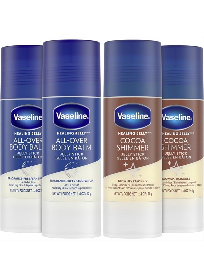 Lotion Bundle, Cocoa Shimmer Jelly Stick Highlighter & Luminizer + All Over Body Balm Stick, Vaseline Cocoa Butter, Body Balm Skin Care Set, Petroleum Jelly for Dry Skin (4 Piece Set)