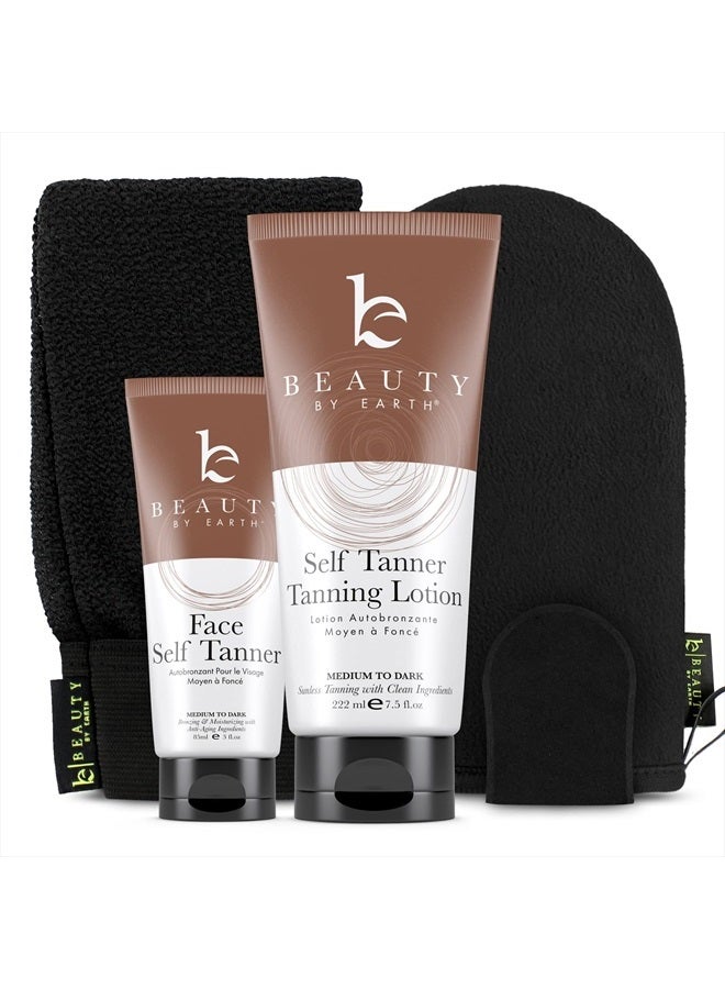 Self Tanner Applicator Kit - Best Self Tanner Back Applicator with Sunless Tanning Lotion and Tanning Face Lotion - Natural & Organic Self Tanner Lotion, Medium to Dark, 5 Pcs