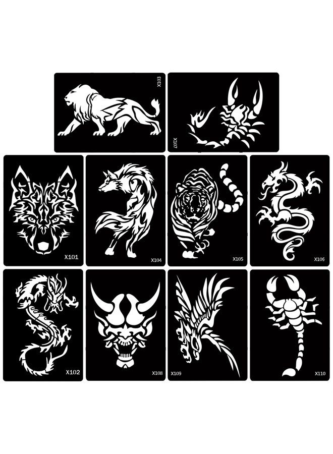 5 Sheets Henna Tattoo Stencil Kit Animals Pattern, 10pcs Large Tiger Dragon Wolf Eagle Scorpion Temporary Glitter Airbrush Tattoo Stencils Tattoo Stickers for Body Arm Leg Paint Body Art