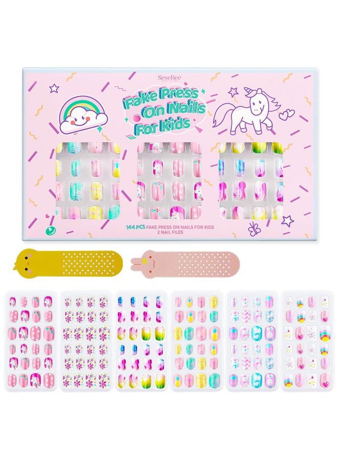 144Pcs Kids Press on Nails Children Girls Press on Short Artificial Fake Nails No fading Stable Quick Stick on Cute Pre Glue Full Cover Acrylic Nail Tip Kit Gift for Kids Nail Decoration (Unicorn)