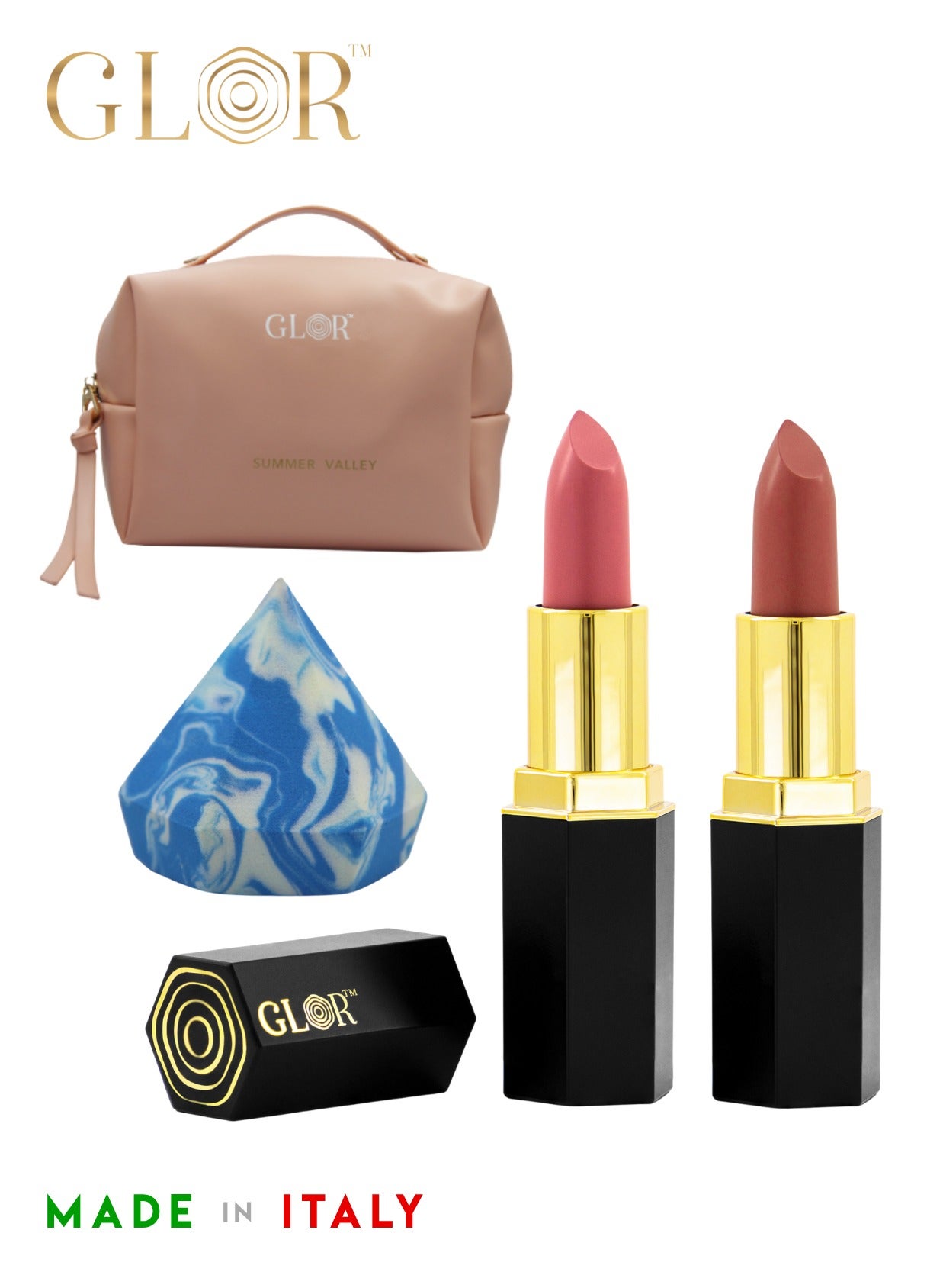 Glor Endless Charm Lipstick– Intense Long-Lasting Color, Luxurious Moisture, Ultra-Creamy Formula for Beautiful Lips-Affogato + Whispering Rose + 1 Beauty Blender + 1 Cosmetic Bag