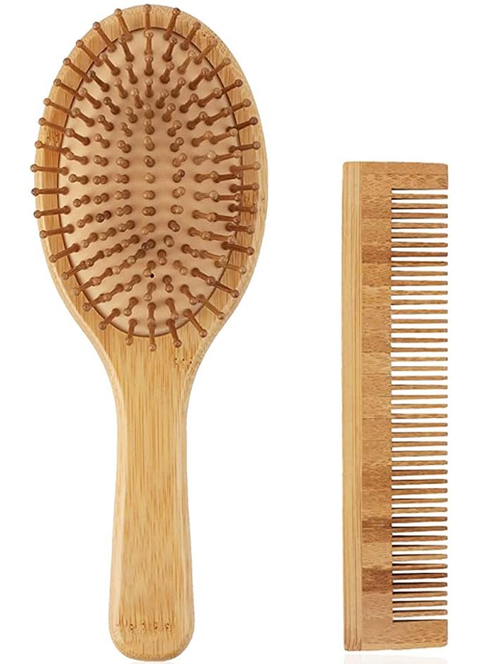 2-Piece Natural Bamboo Paddle Hair Brush And Comb Set Beige