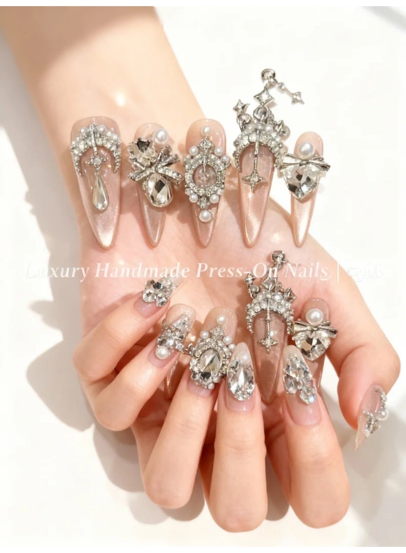 【Luxury 3D Press-On Nails】200+ Swarovski Crystals | Handcrafted Set | Light-Adaptive | No UV | Full Kit