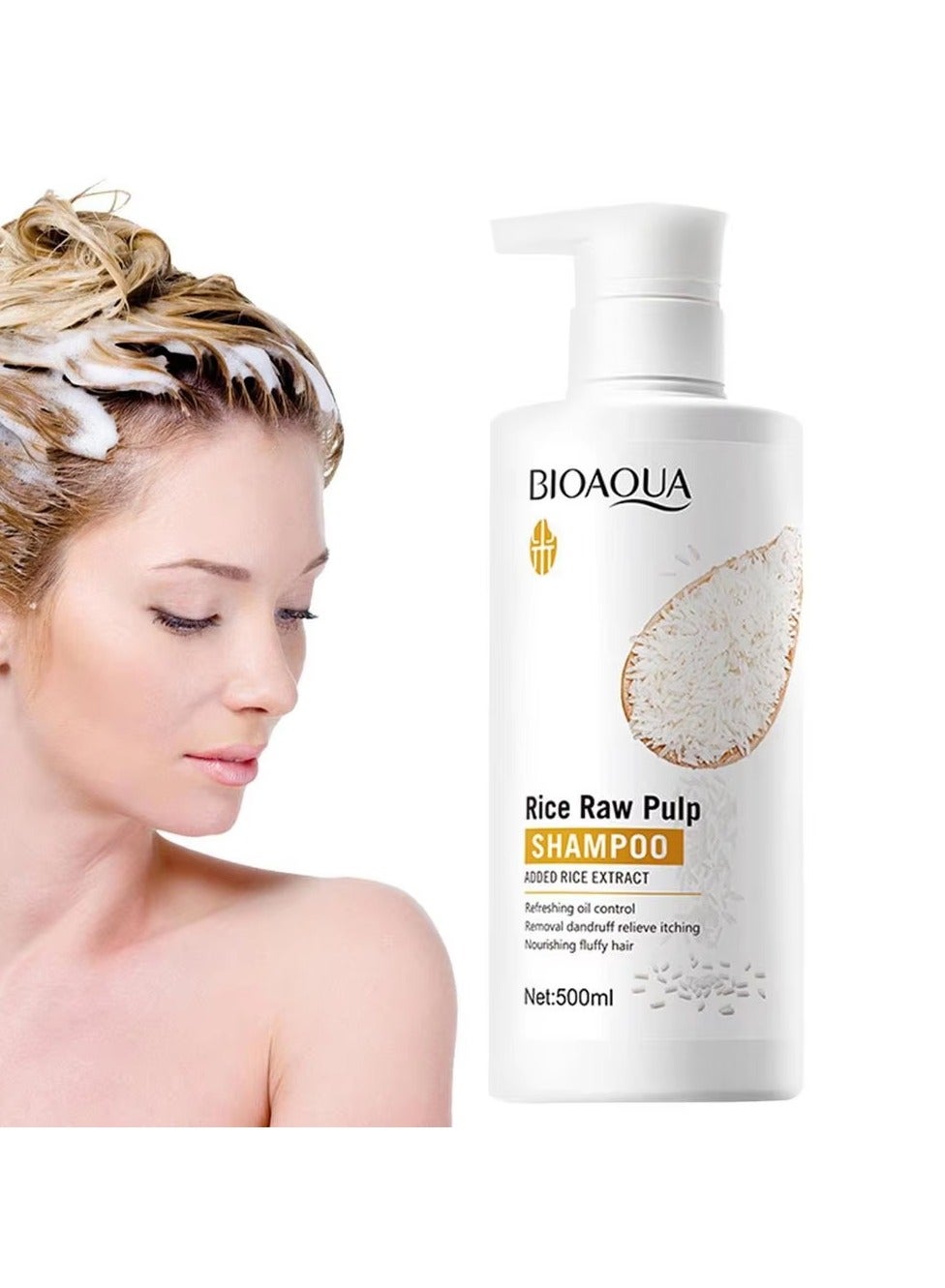 BIOAQUA Rice Raw Pulp Shampoo Refreshing Oil Control Removal Dandruff Relieve Itching Nourishing Fluffy Hair 500ml