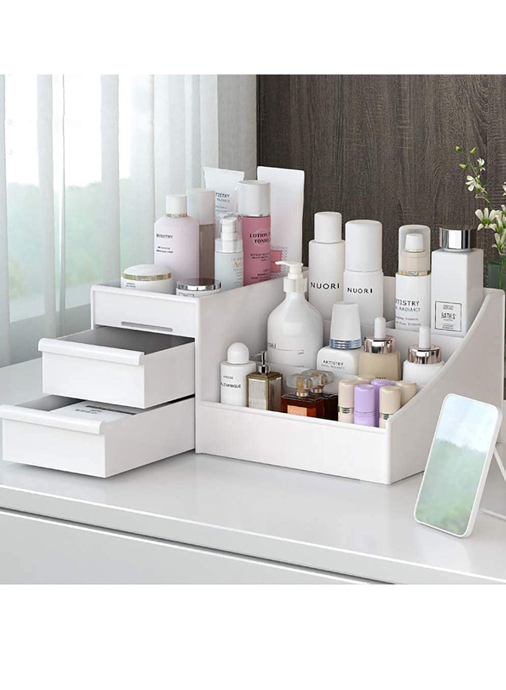 Makeup Desk Organizer With Drawers - Countertop Bathroom Skincare Organizer for Cosmetics, Vanity Holder for Lipstick, Brushes, Lotions, Eyeshadow, Nail Polish and Jewelry Sundries