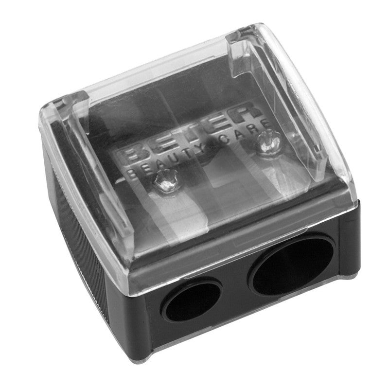 Double cosmetic pencil sharpener with catch