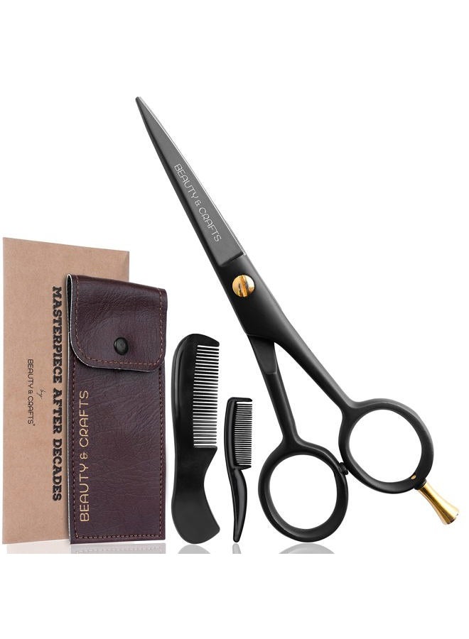 5'' German Beard Mustache Scissors - 2 Mustache Comb for Facial Hair with Beautiful Pouch - Beard Trimming Scissors Use for Grooming, Cutting, and Styling of Mustache (Black)
