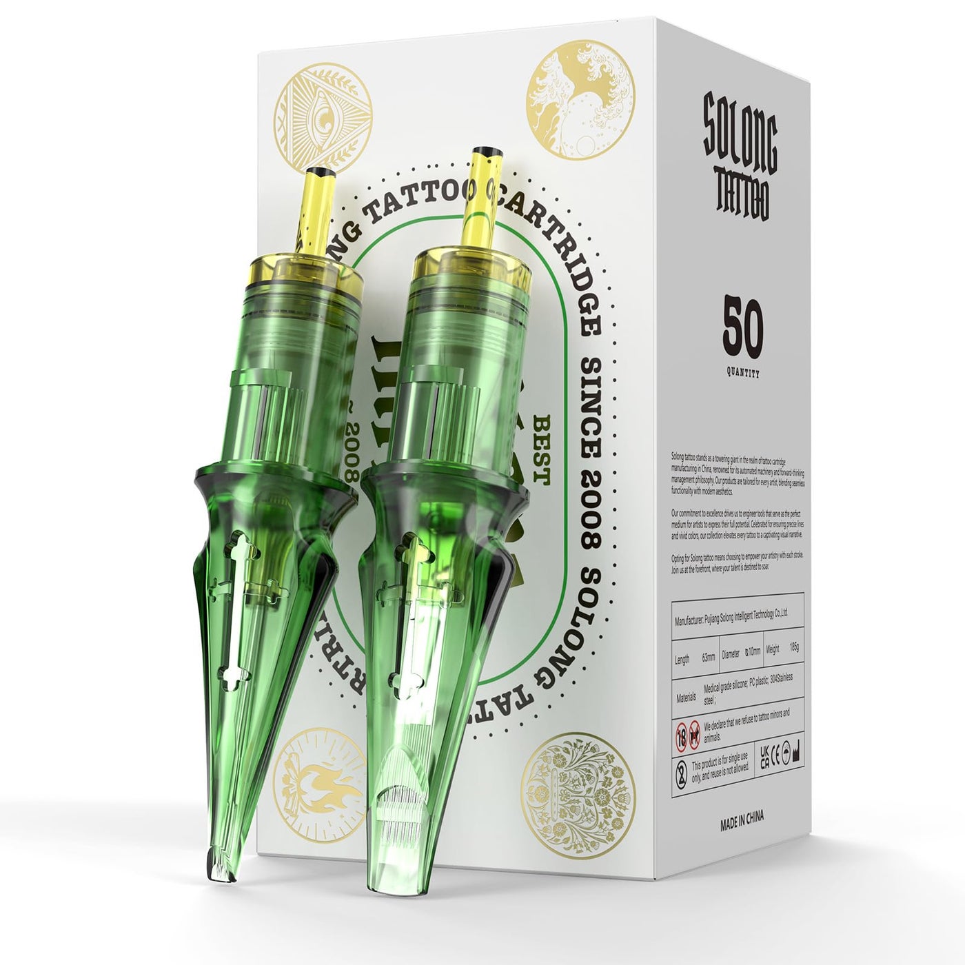 50Pcs Tattoo Needles Assorted, Solong Pro Disposable Tattoo Needles Size #12 Round Liner -10Pcs each of 1RL,3RL,5RL,7RL,9RL Tattoo Cartridge Needles EN01S-50KIT-Q