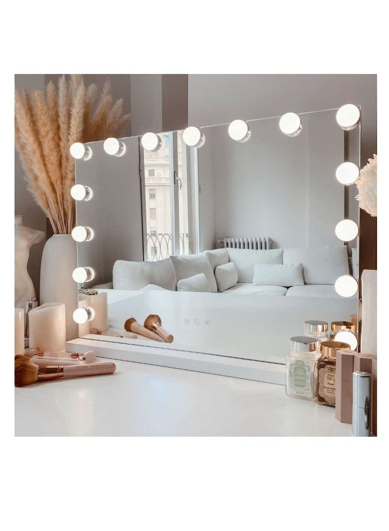 Makeup Mirror with Lights, Hollywood Lighted Mirror with 15 Dimmable LED Bulbs,3 Colors Modes,Touch Control,USB Charging Port,Metal Frame,White