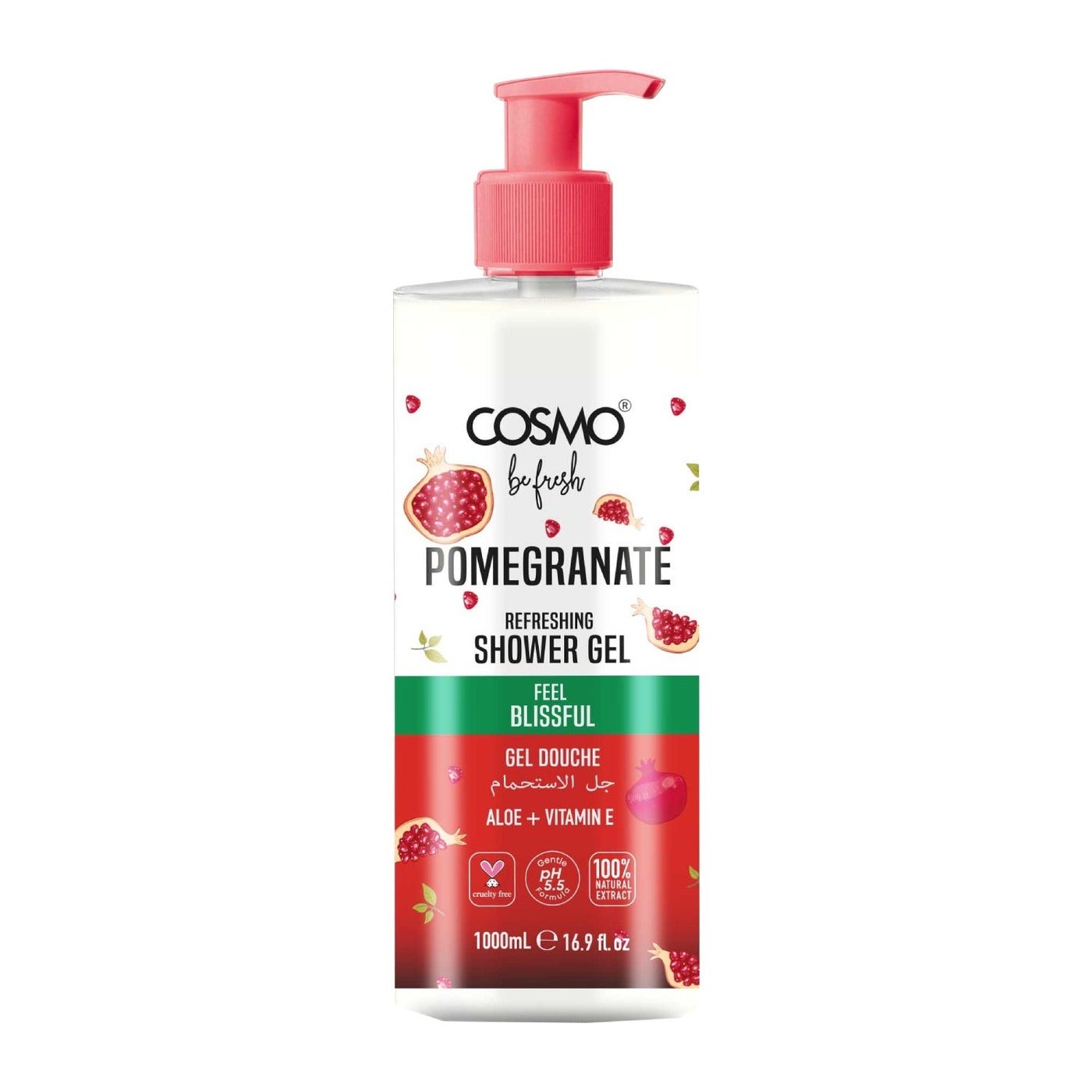 Cosmo Be Fresh Pomegranate Shower Gel with Aloe Vera & Vitamin E 1000ml, Antioxidant Rich Hydrating Body Wash, Fruity Daily Cleanser for Smooth, Feel Blissful, Soft & Refreshed Skin, For Men & Women