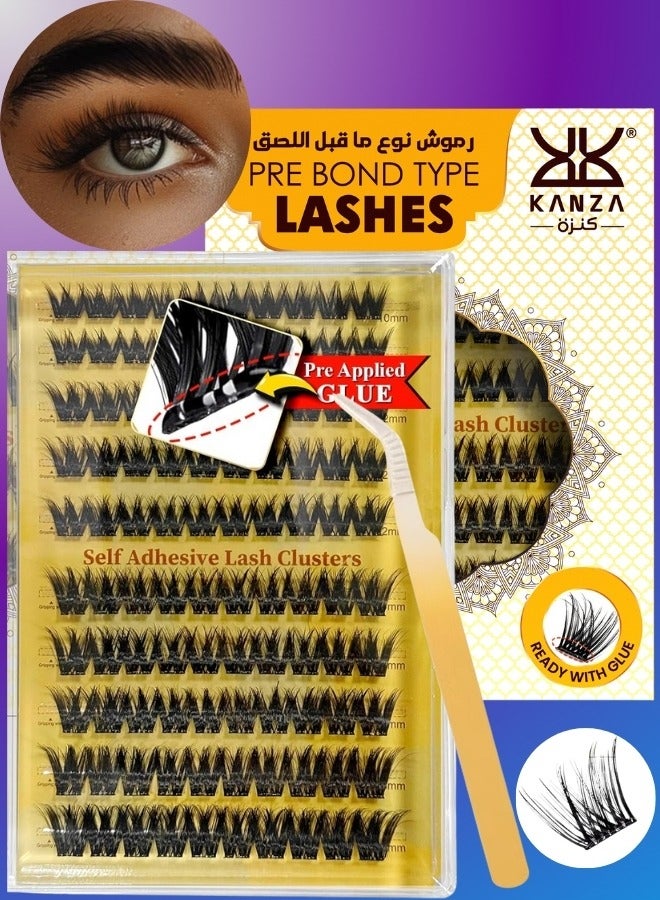 Pre Bond Type Lashes Kit with Tweezers Self Adhesive Eyelashes Eyelash Clusters Kit, False Eyelashes D Curl Pre Glued Lash Clusters Wispy Lashes Cluster Kit Lash Clusters for Beginners and Salon use Press On DIY Lash Extension Kit Falselashes 10-16mm Size 100 Pcs