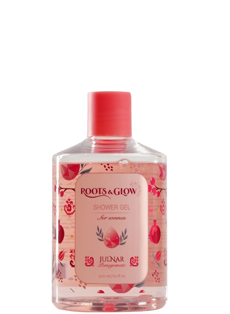 Roots & Glow Body Wash Women – 300ml Pomegranate Shower Gel – Nourishing and Deeply Hydrating Scented Body Wash for Women – Clean and Safe Formula – Relaxing and Pampering
