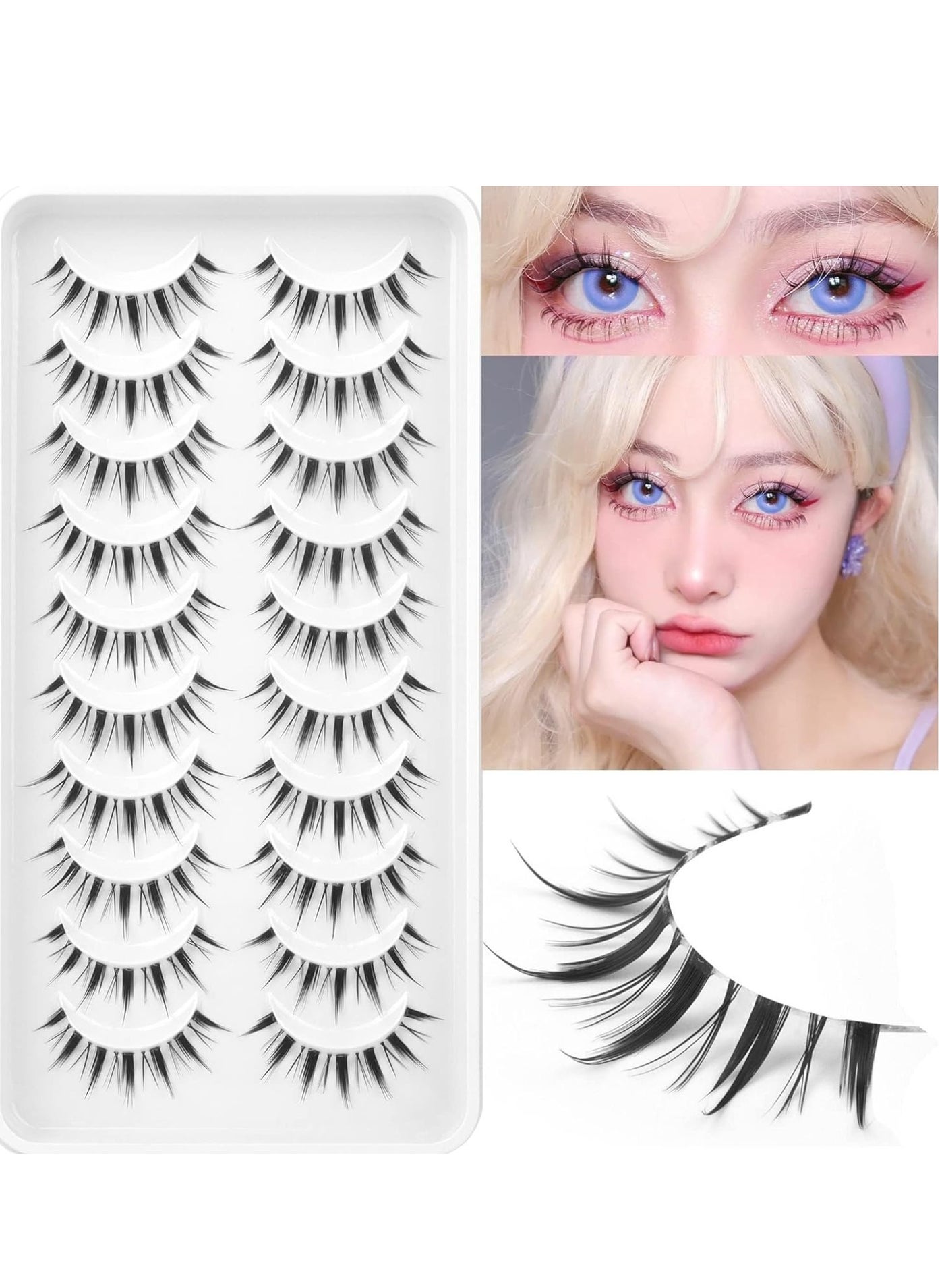 10 Pairs Manga Lashes Natural Look Anime False Big Eyelashes Eyelashes Individual Wispy Korean Makeup Eye Lashes Clusters Asian Fake Eyelashes Pack