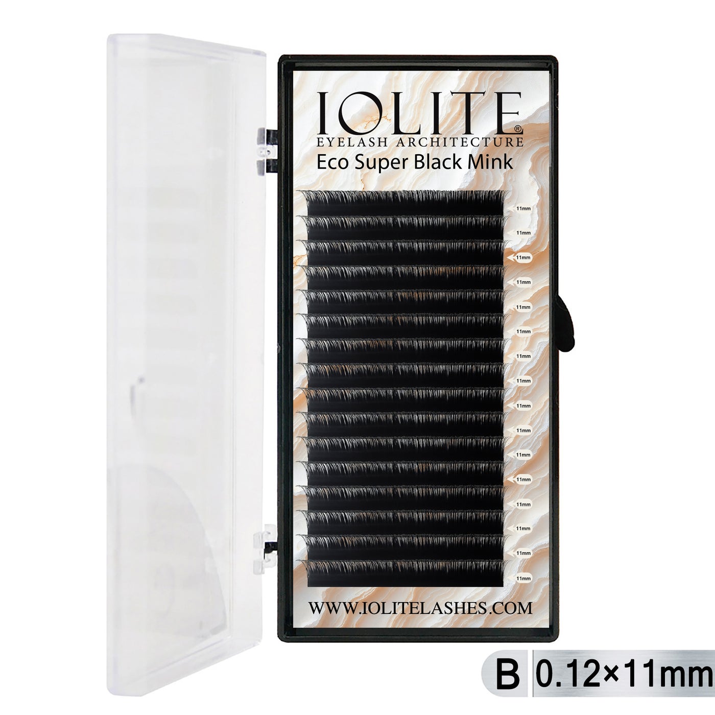 Iolite Super Black Mink Lash Extensions – B Curl 0.12T Mix (6mm–15mm) | Premium Black Mink Eyelash Extension Tray for Lash Artists ISBMB12T - 11MM