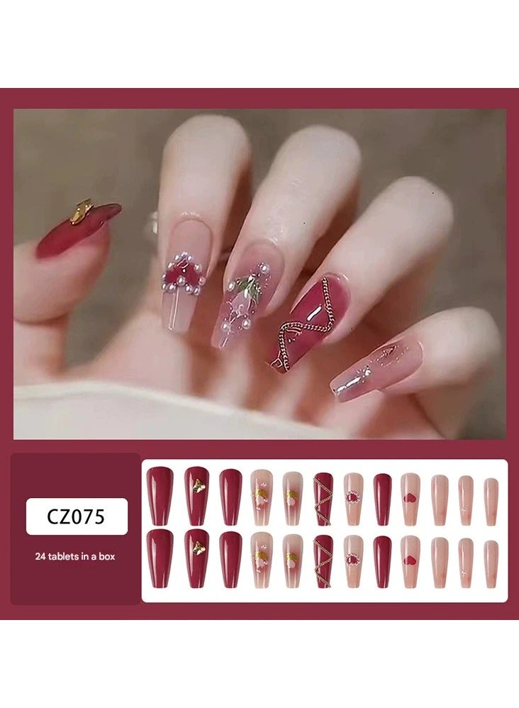 Elegant Long Press On Nails – Heart Pearl Chain Detachable Fake Nail Tips, Medium-Long Coffin Shape, Reusable