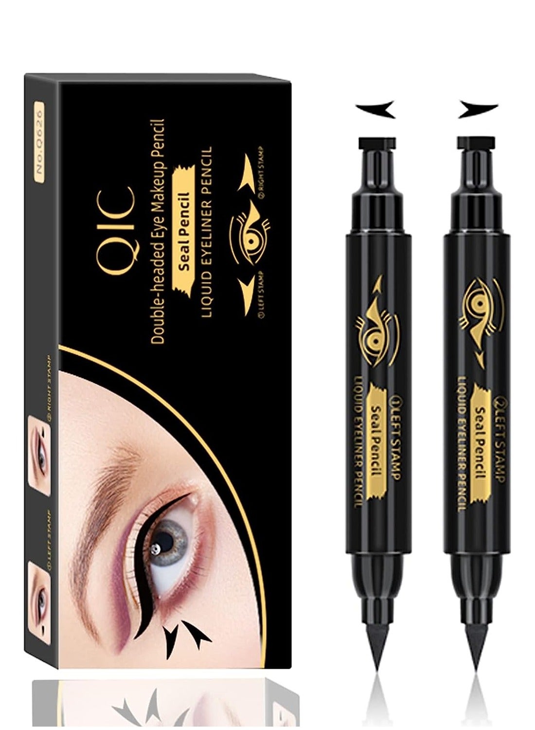 2 Pcs Set Double Headed Eye Makeup Pencil Liquid Stamp Eyeliner Pencil Face Stamps Makeup Black Waterproof Slim Gel Felt Tip High Black Pigment Liquid Eyeliner and Seal Thin Left Right Wing Black Stamp