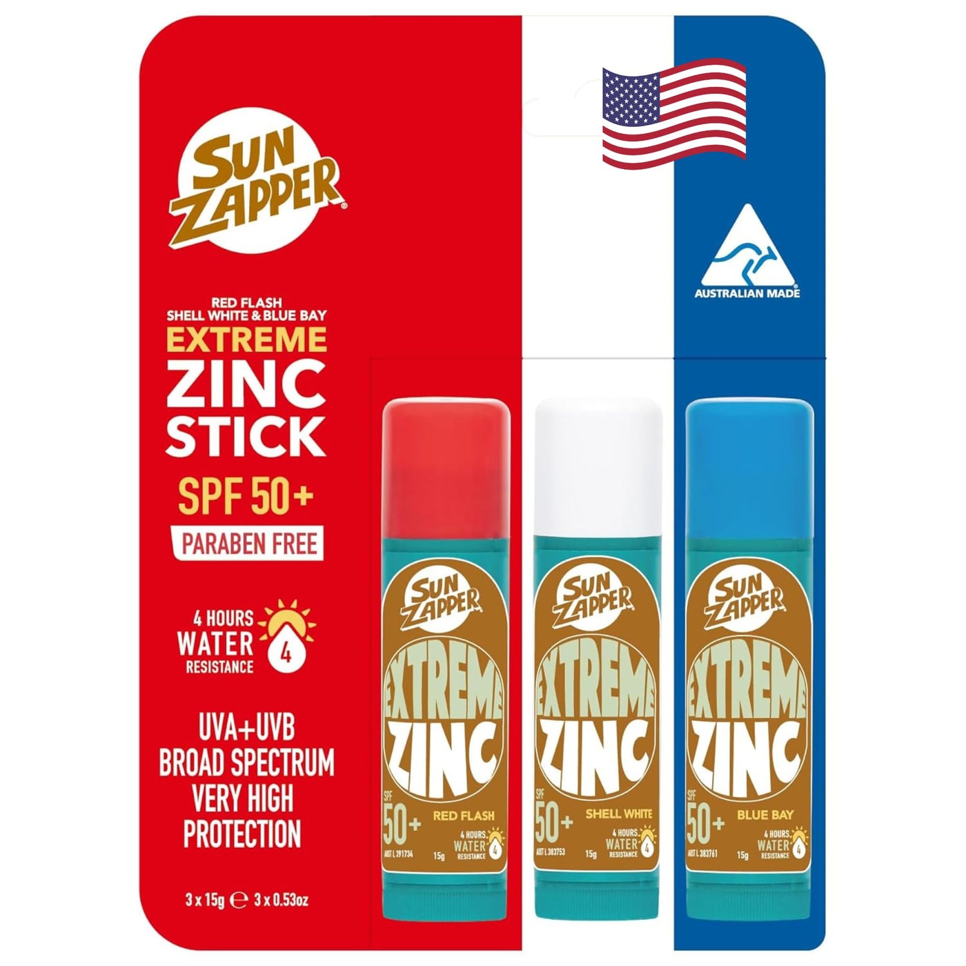 Sun Zapper Extreme Zinc Oxide Sunscreen Stick â€“ SPF 50+ Water Resistant â€“ 3-Pack (Red, White, Blue) â€“ For Face â€“ Made in Australia