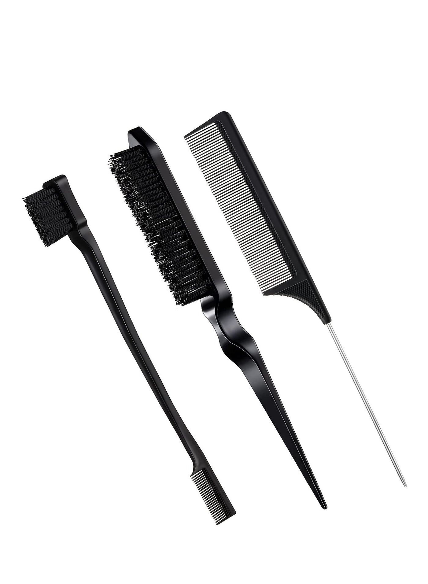 3 Pcs Slick Brush Set Bristle Hair Brush Teasing Comb Edge Hair Brush Grooming Combs Sturdy Rat Tail Comb for Women Babies Kids' Hair (Black)