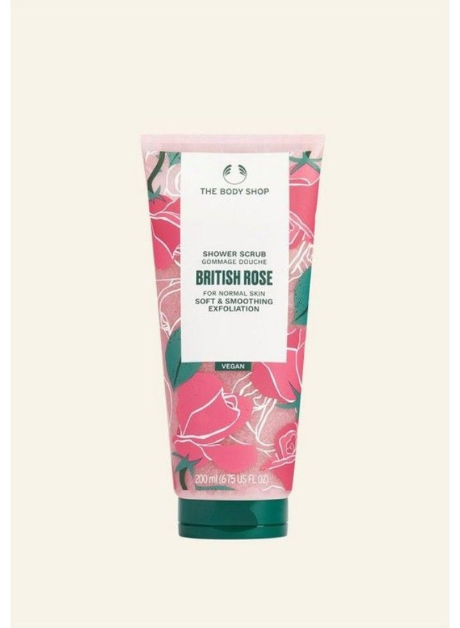 British Rose Shower Scrub – Exfoliating Body Scrub for Softer, Smoother Skin with Rosy Glow, Vegan, 95% Natural Origin Ingredients, 200ml