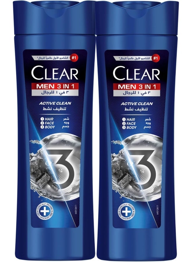 Men Complete Care 3in1 Shampoo For Hair, Face & Body With Activated Charcoal 2 x 400ml