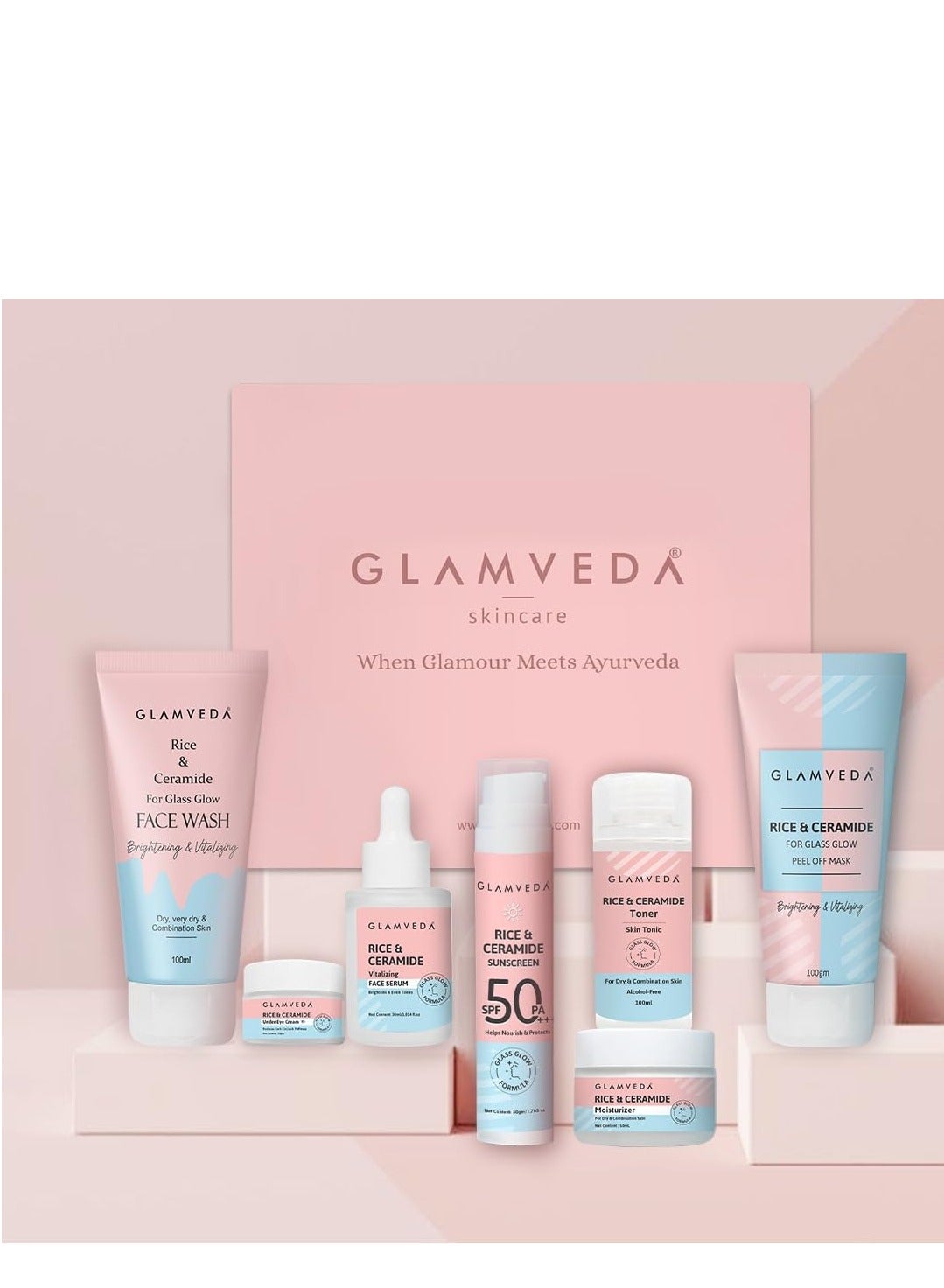 korean rice and ceramide 7 step weekly skincare routine for women with gift box face wash peel off mask toner serum under eye cream moisturizer and sunscreen