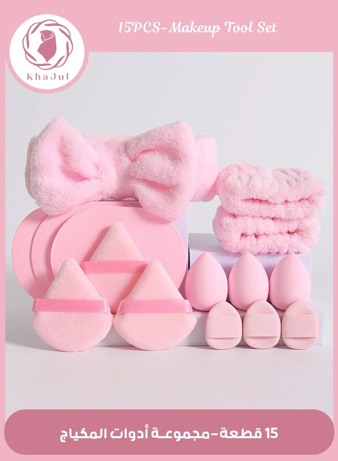 15-Piece Spa Headband and Wristband Clean Set, Includes Makeup Sponges and Face Triangle Powder Puff Skincare Beauty Blender for Washing Face,Women Gift Set(Pink)