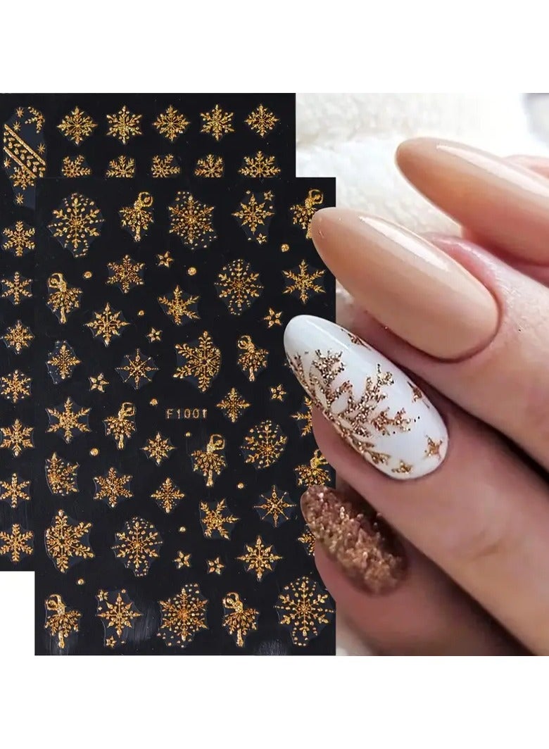 Snowflake Nail Stickers & Decals - Glittery White & Golden, Self-Adhesive 3D Christmas And Winter Fantasy Design, Shimmery Finish, Plastic, Hypoallergenic - Single Use Nail Art Embellishments for Festive Manicure Decor