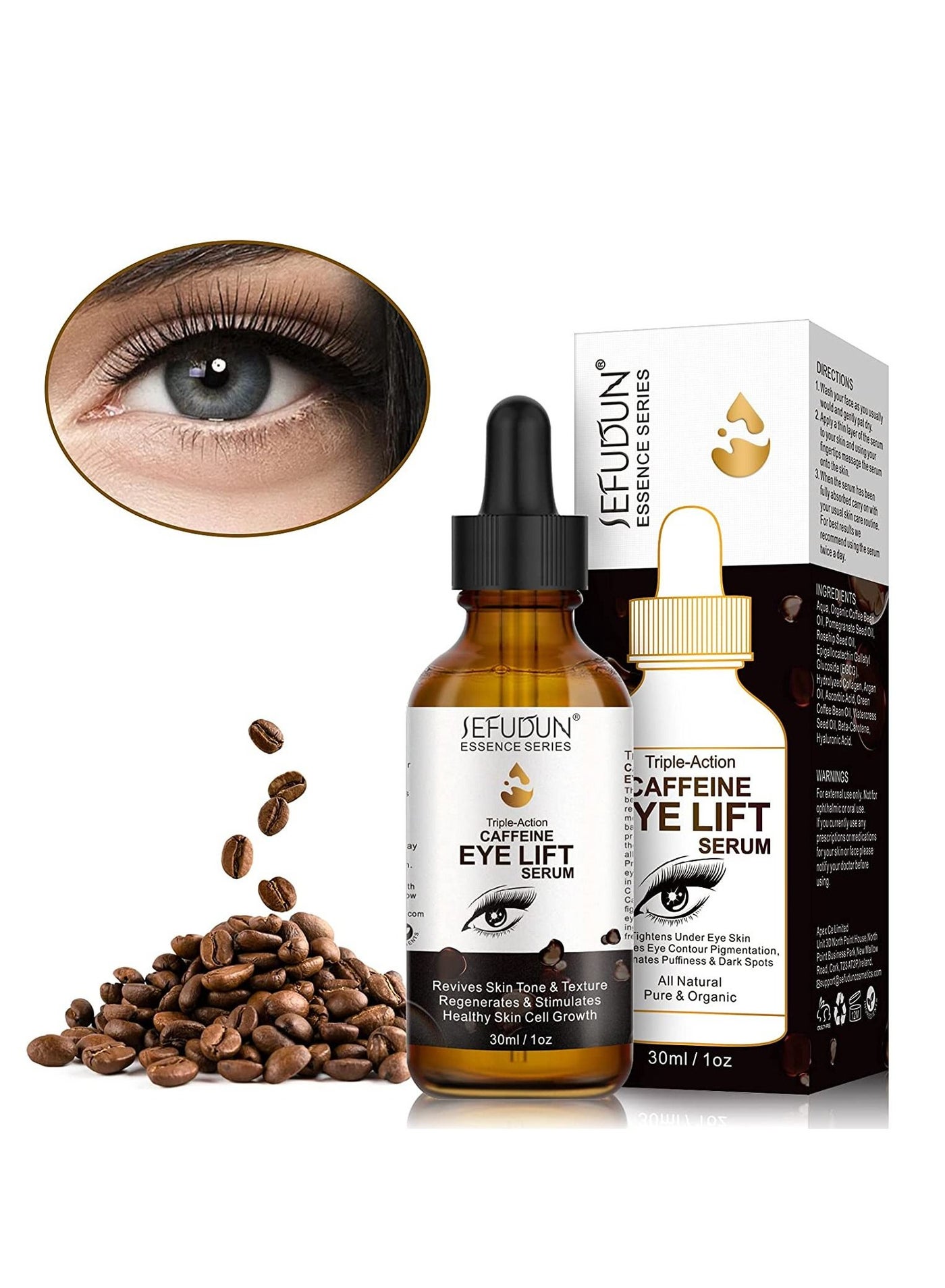 Triple Action Caffeine Eye Lift Serum with EGCG Vitamin C Hyaluronic Acid Collagen Caffeine Eye Serum Reduces Puffiness Dark Circles Under Eye Bags Wrinkles and Fine Lines Around the Eyes 30ml