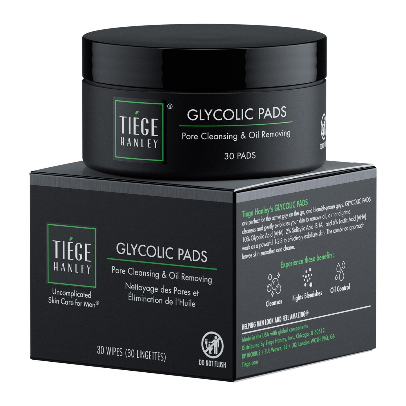 Tiege Hanley Glycolic Acid Pads for Men, Exfoliating Face Cleansing Pads for Forehead, Nose & Cheeks, Facial Wipes with Glycolic, Salicylic & Lactic Acid, Menâ€™s Skin Care, 30 Count