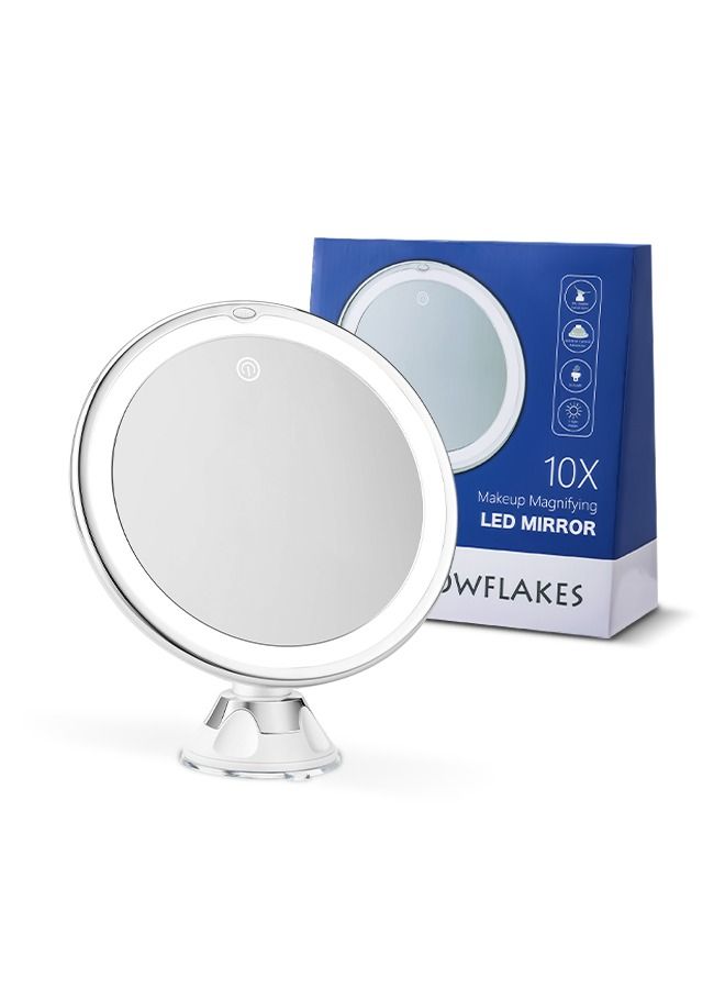 Snowflakes 10X Magnifying Mirror with Light, 10x Magnification 3 Light Modes Makeup Mirror with Suction Cups , Lighted Mirror , Smooth and Easy Install ,360 Degree Swivel Joint.