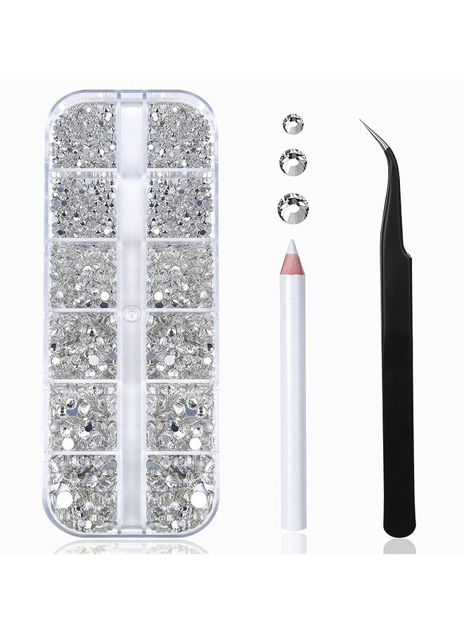 Nail Art Rhinestones 2400pcs Nail Gems Crystal Clear Flatback Rhinestones Gems Stones, with Storage Organizer Box/Wax Pencil/Tweezers 6 Sizes (1.9-4.5 mm) for Nail Art Craft