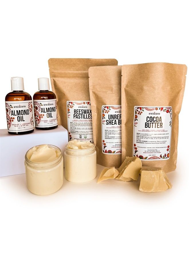 Beeswax Shea Butter Body Butter Making Kit with Unrefined Shea Butter, Raw Cocoa Butter, Organic Beeswax, Organic Almond Oil, Instructions included - LARGE (Makes about 30 4oz Jars)