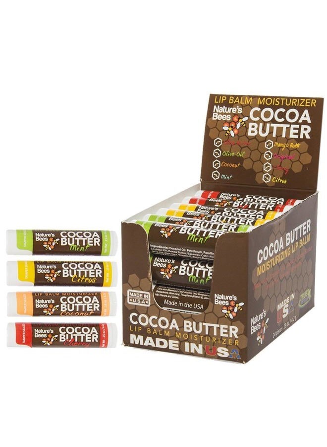 Cocoa Butter Lip Balm, Lip Care for Dry Lips, Made with Coconut Oil, Beeswax, Vitamin E, Aloe, and Shea Butter, 0.15 oz Each, 4 Flavors, Citrus, Coconut, Cherry, and Mint, 24 Pack