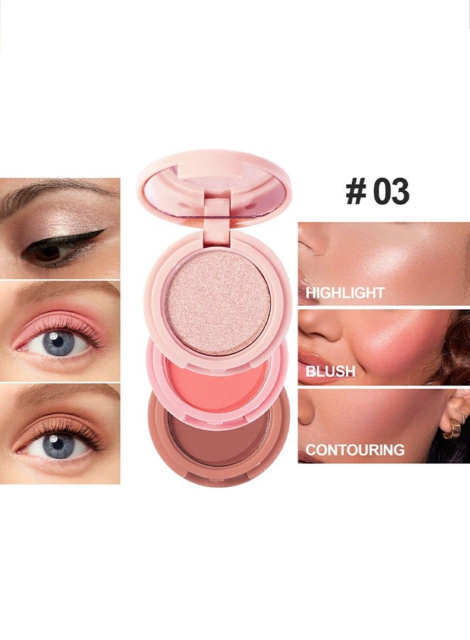 3 In 1 Highlight Brush Contouring - Powder Cheek For Face Blush Bronzer Palette Long-Lasting, Ultra-Thin, Natural And Bright Color Cushion Applicator Blendable Natural Makeup Face Blush（#03）
