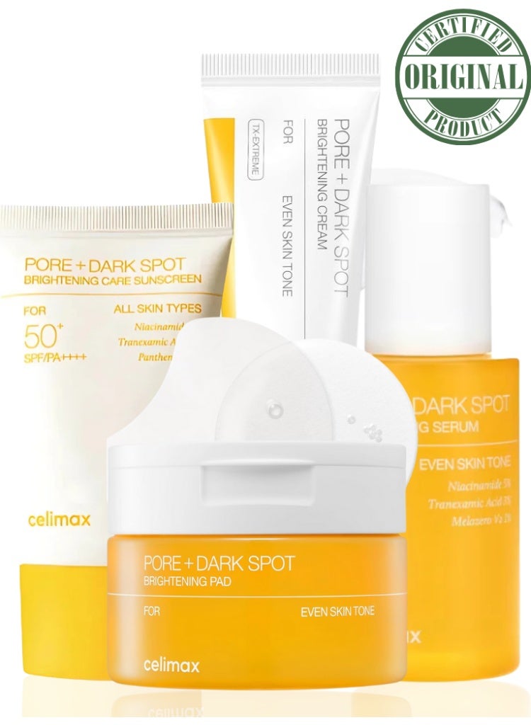 Celimax Brightening Pore Care Bundle Brightening Pads, Brightening Serum, Brightening Cream & Brightening Sunscreen SPF50+ PA++++ for brighter, smoother, and more even-toned