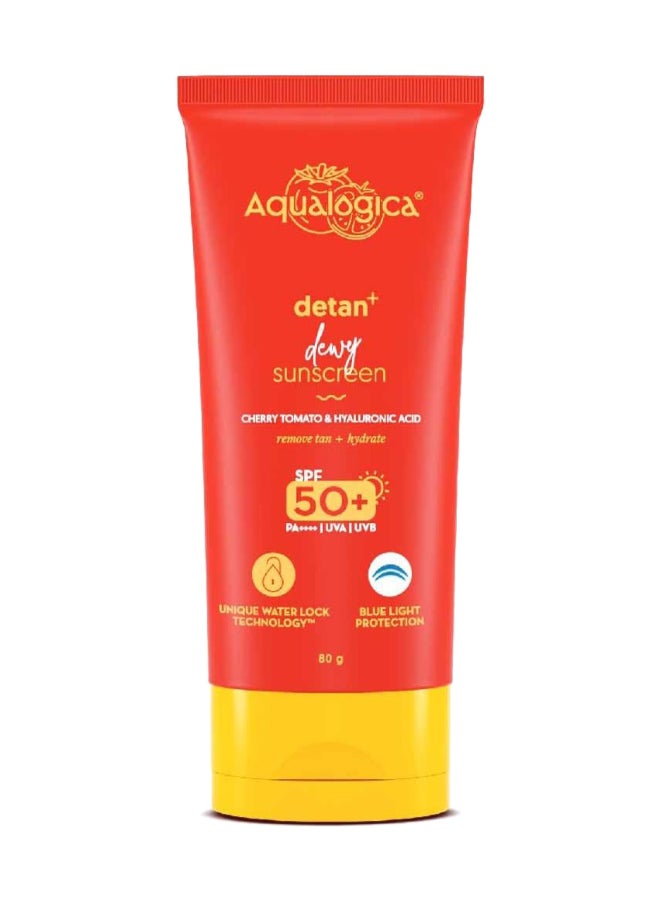 Aqualogica Detan+ Dewy Sunscreen with Cherry Tomato & Hyaluronic Acid with SPF 50 & PA++++ - 80g
