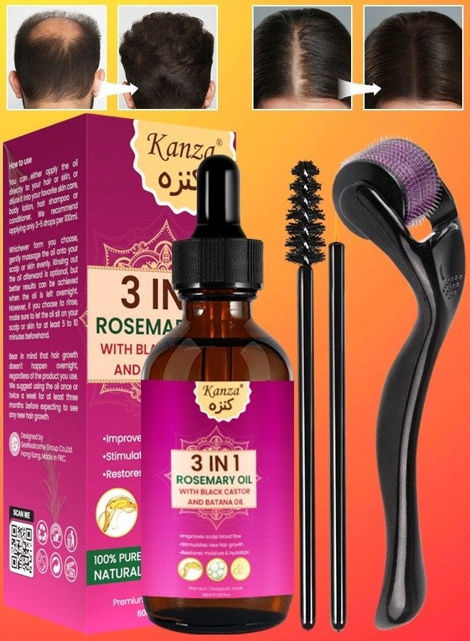 3 In 1 Rosemary Oil, Black Castor Oil & Batana Oil with Roller for Hair Care Hair Conditioner Oil for Thin Hair Repair Damaged Hair Nourishes Thin Hair Scalp Skin and Loss Hair Growth Fit for All Hair Types