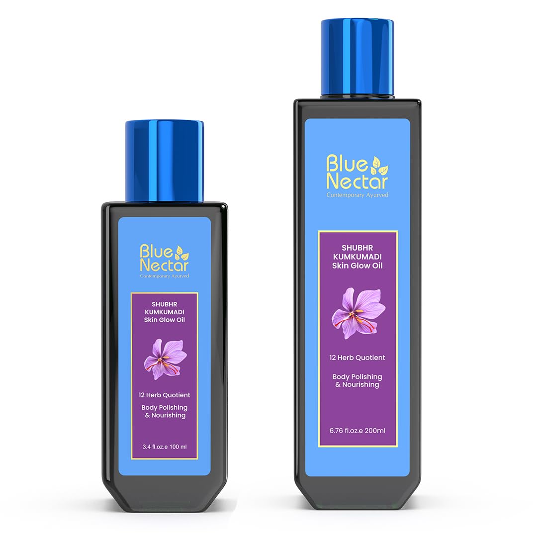 Blue Nectar Kumkumadi Saffron Skin Glow Oil Bundle - Ayurvedic Elixirs for Radiant Skin & Lasting Hydration, Enriched with 12 Herbs (3.4 & 6.76 fl oz)