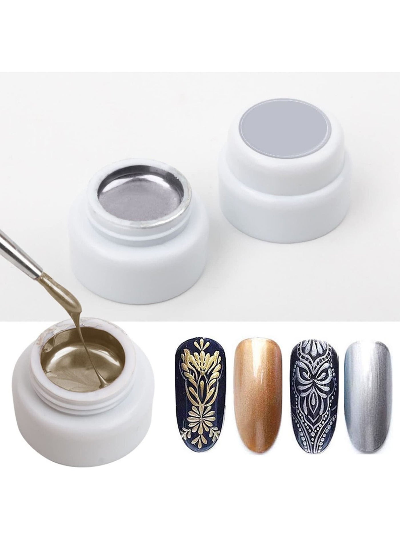 SYOSI 2 Pcs Metallic Painted Nail Gels, Nail Art Creative Elastic Gel Polish Nail DIY Gel Nail Painting Drawing Polish Emboss UV Gel (Gold, Silver)