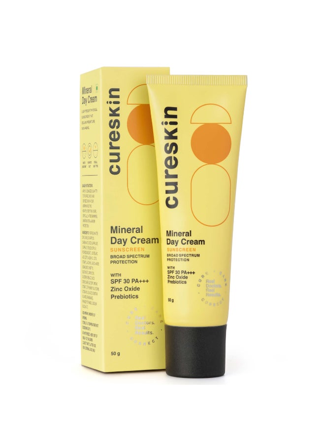 Cureskin Mineral Day Cream Sunscreen Matte Finish SPF 30 PA+++ | Broad Spectrum Sun (UVA, UVB & IR) Protection | Zinc Oxide with Prebiotics, 50 g (Pack of 1)