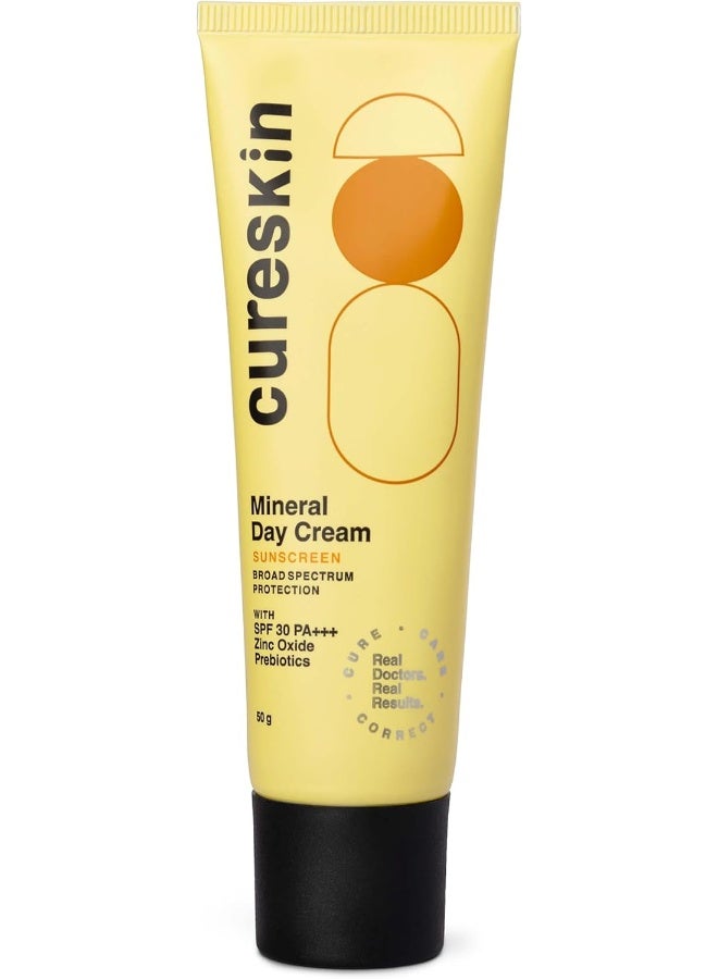 Cureskin Mineral Day Cream Sunscreen Matte Finish SPF 30 PA+++ | Broad Spectrum Sun (UVA, UVB & IR) Protection | Zinc Oxide with Prebiotics, 50 g (Pack of 1)