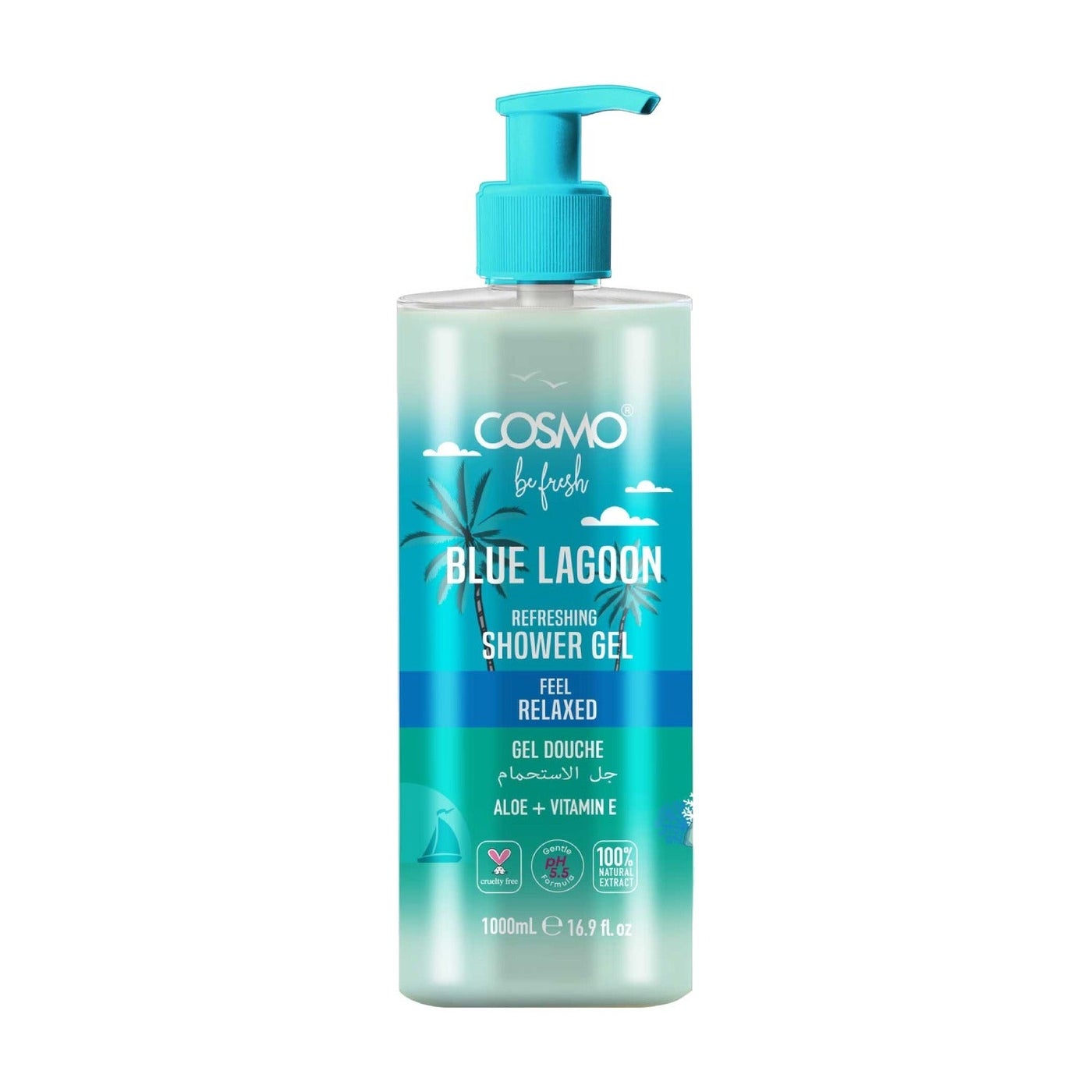Cosmo Be Fresh Blue Lagoon Shower Gel with Aloe & Vitamin E 1000ml, Hydrating & Refreshing, Feel Relaxed Body Wash For Men & Women, Cool Aquatic Fragrance, Daily Cleanser for Smooth Skin, Skin Care