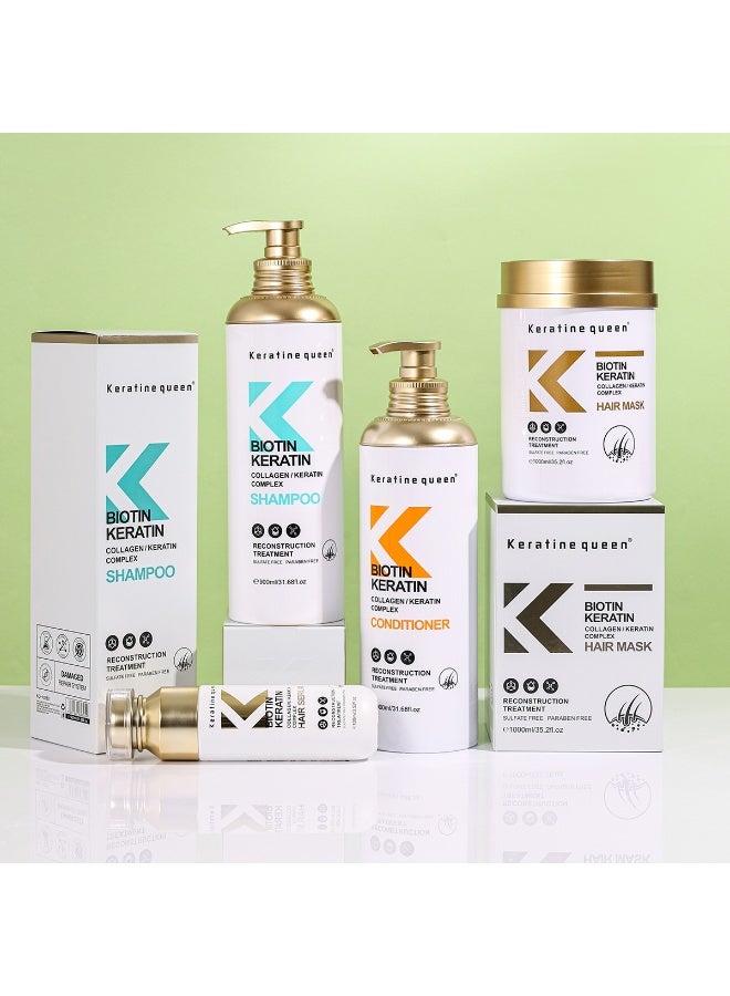 Keratine Queen Biotin Keratin Collagen / Keratin Complex Hair Reconstruction Treatment  4 in 1 set. Shampoo 900ml,Conditioner 900ml , Hair Mask 1000ml & Hair Serum/Oil 100ml.