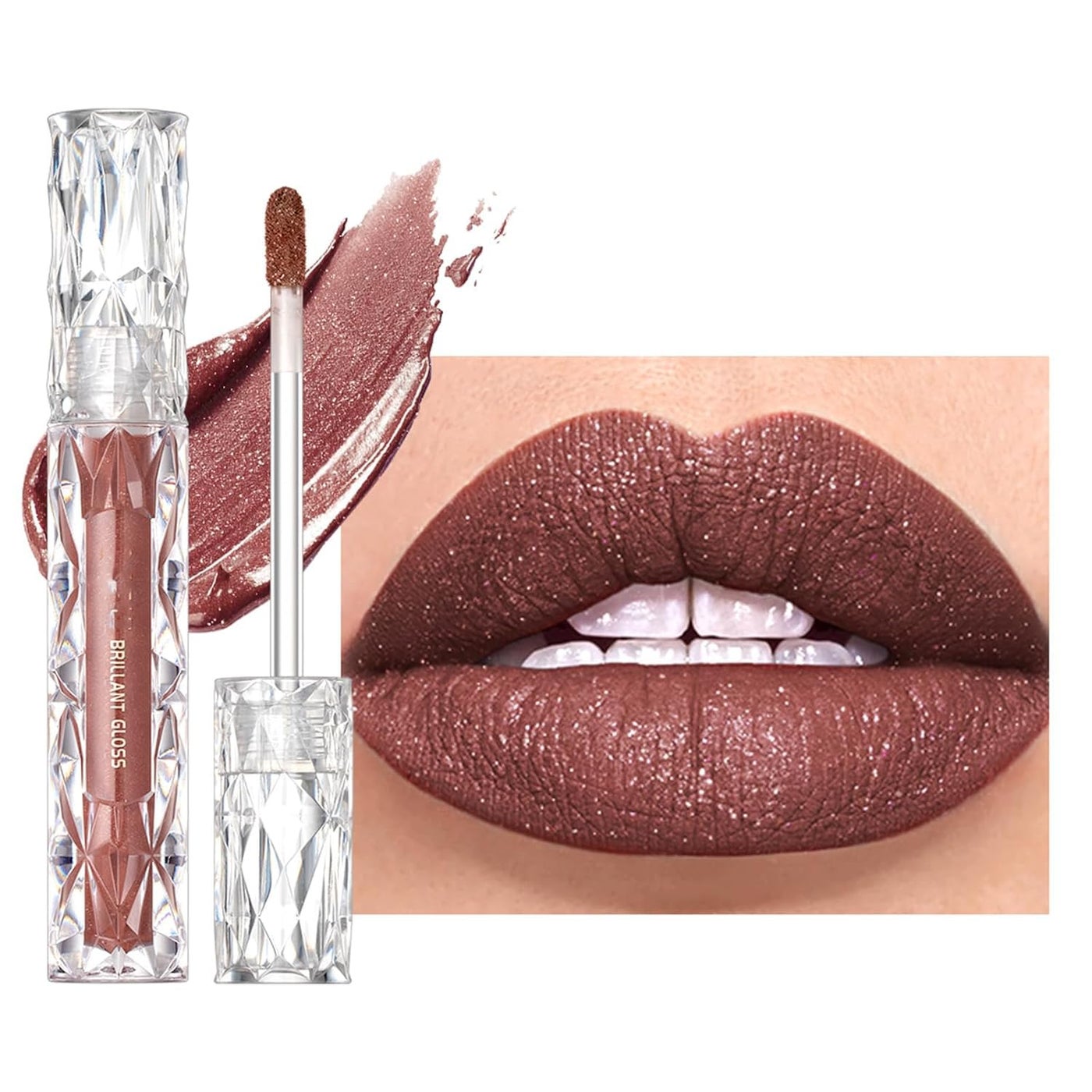 Easilydays Diamond Matte Nude Lip Gloss, Glitter Metallic Liquid Lipstick Glitter Shimmer Lip Glaze, Shimmery Finish, High Pigment Long Lasting Lip Gloss Tint Christmas Party Makeup (#02)