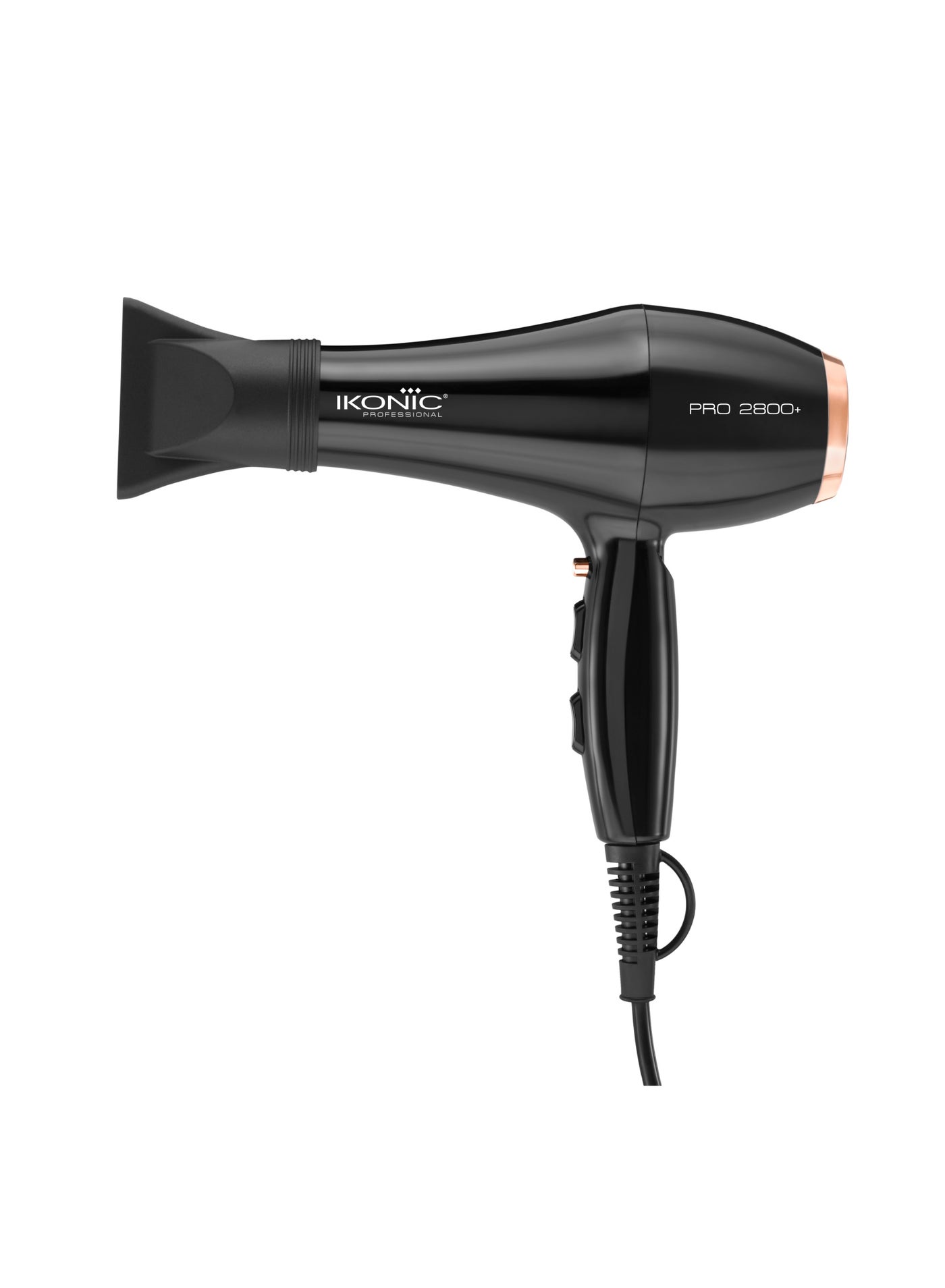 Ikonic Professional Pro 2800+ Hair Dryer , Black, 2400W–2800W Powerful AC Motor Low Noise  4 Heat & 2 Speed Settings Cool Shot 2 Nozzles Overheat Protection 2.8m Cord Professional Blow Dryer, All Hair Type
