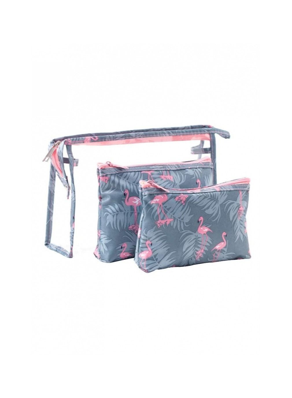 3-Piece Waterproof Cosmetic Bag Set in Grey/Pink