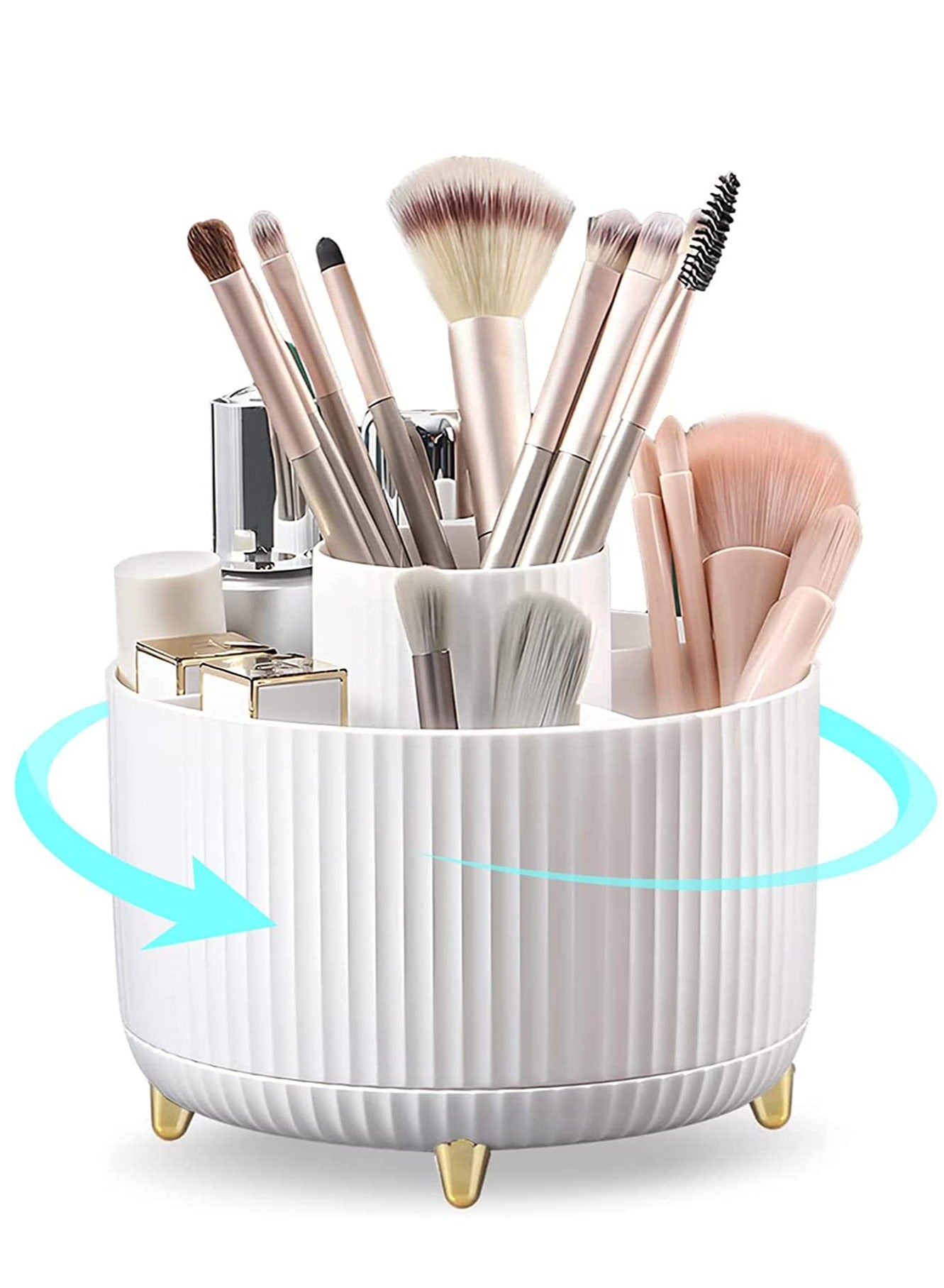 SYOSI Makeup Brush Holder, 360° Rotating Makeup Organiser, Cosmetic Shelf, Eyeshadow Brush, Lipstick Case, Cosmetic Organisers with 5 Compartments for Dressing Table, Bedroom, Bathroom (White)