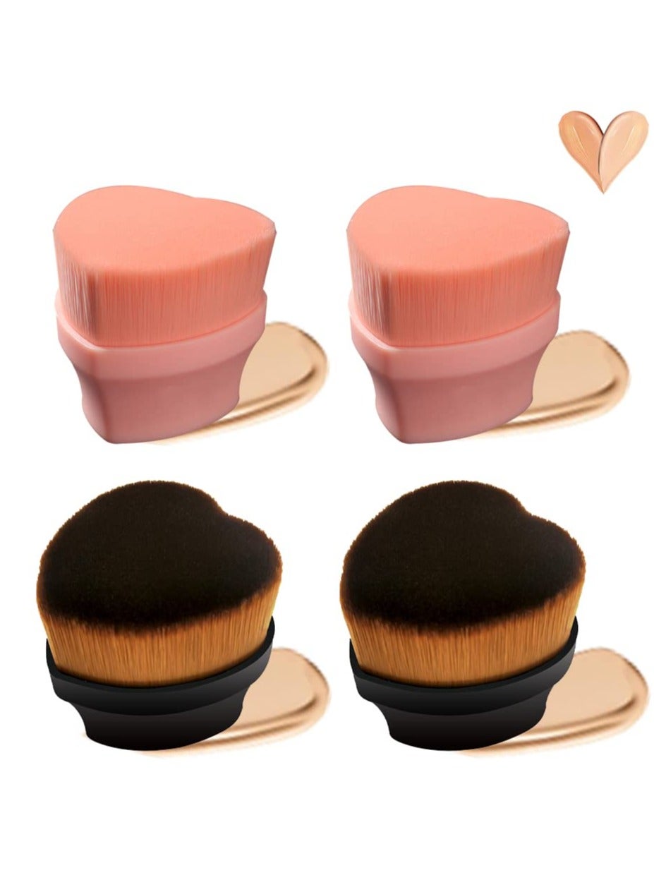 4 Pack Foundation Brush Set, Kabuki Makeup Brushes Heart-Shaped Cosmetic Brush Liquid Foundation Tools Flawless Powder Brushes with Protective Case for Mixed Liquid Cream(2pcs Black + 2pcs Pink)