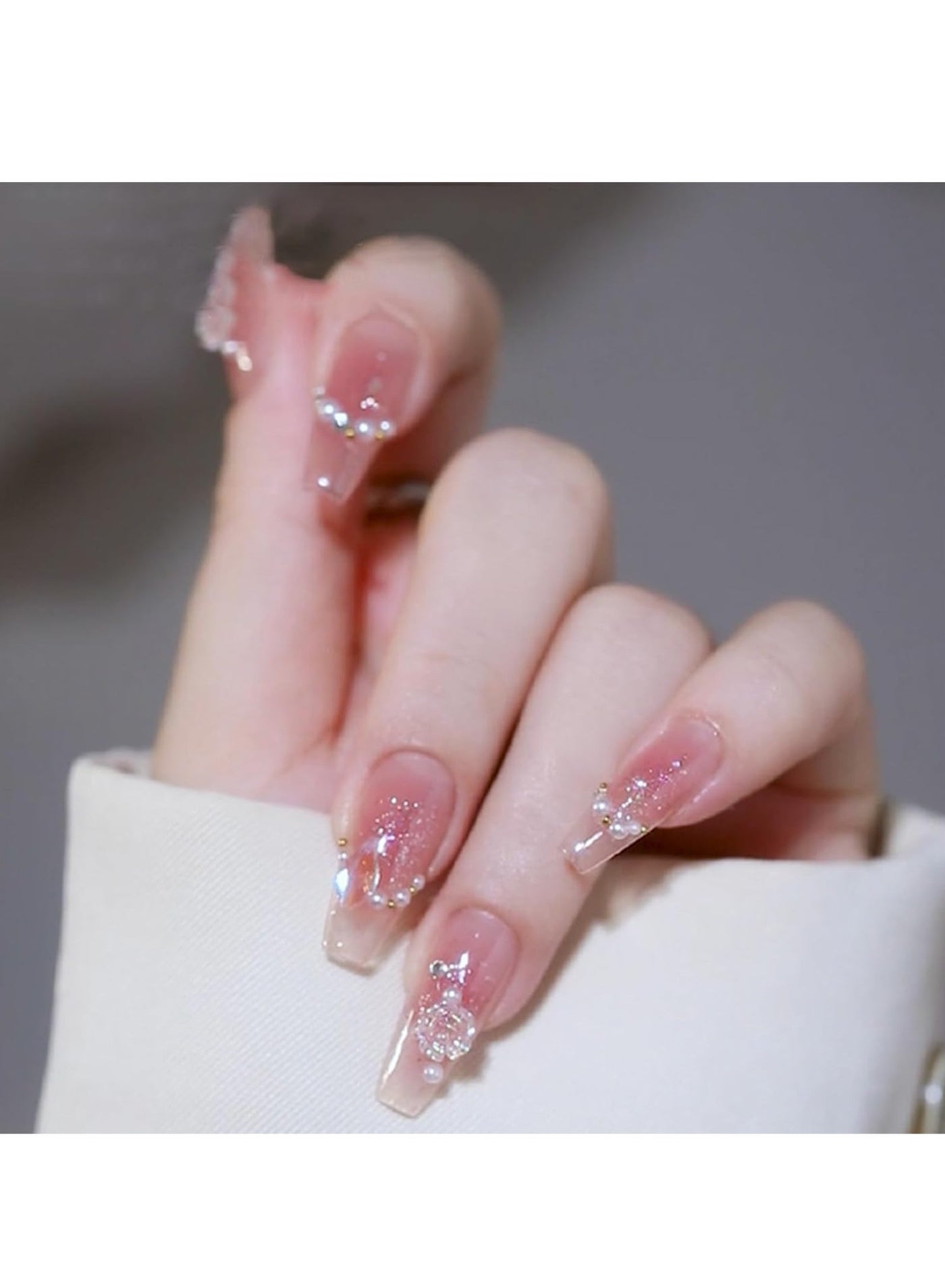 French Tip False Nails  24pcs Press On Nails Long  Ice Soaked Blush Camellia False Nails With Glue Long Coffin Shaped Elegant French Ballet Luxury Design Fake Nails